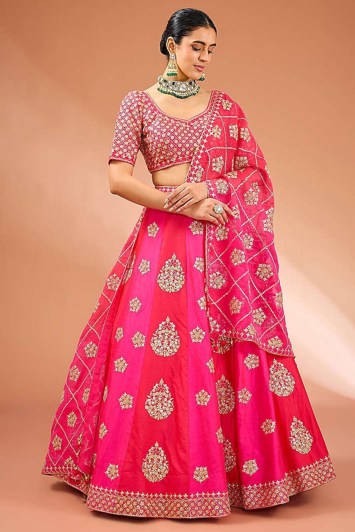 Hot Pink Dupion Silk Danka Marori Work Lehenga Set by SURBHI SHAH at Pernia's Pop Up Shop