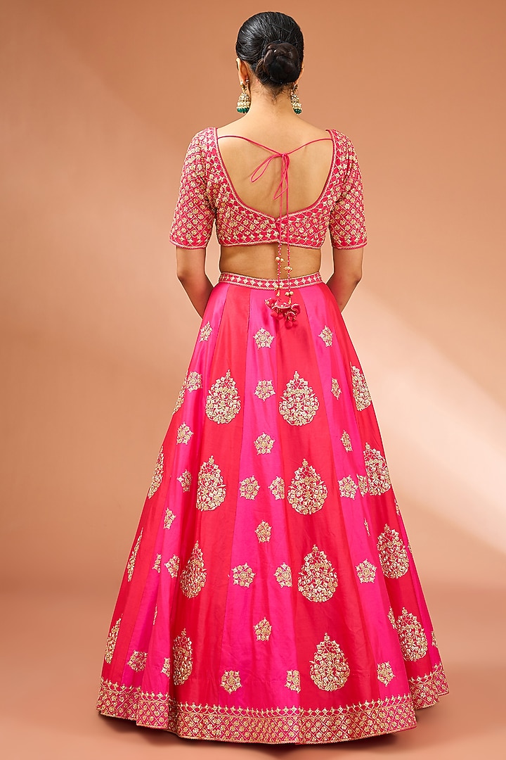 Hot Pink Dupion Silk Danka Marori Work Lehenga Set by SURBHI SHAH at Pernia's Pop Up Shop