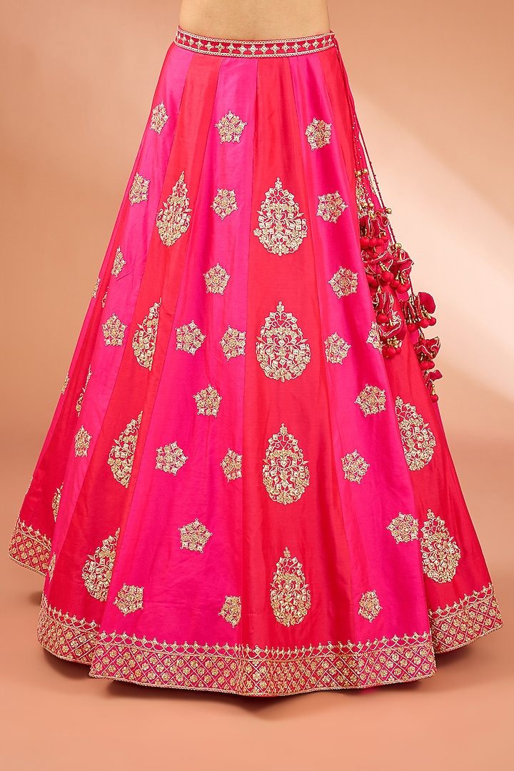 Hot Pink Dupion Silk Danka Marori Work Lehenga Set by SURBHI SHAH at Pernia's Pop Up Shop