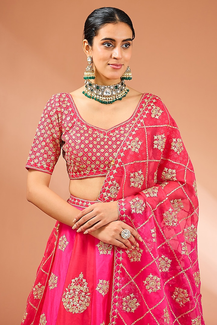 Hot Pink Dupion Silk Danka Marori Work Lehenga Set by SURBHI SHAH at Pernia's Pop Up Shop