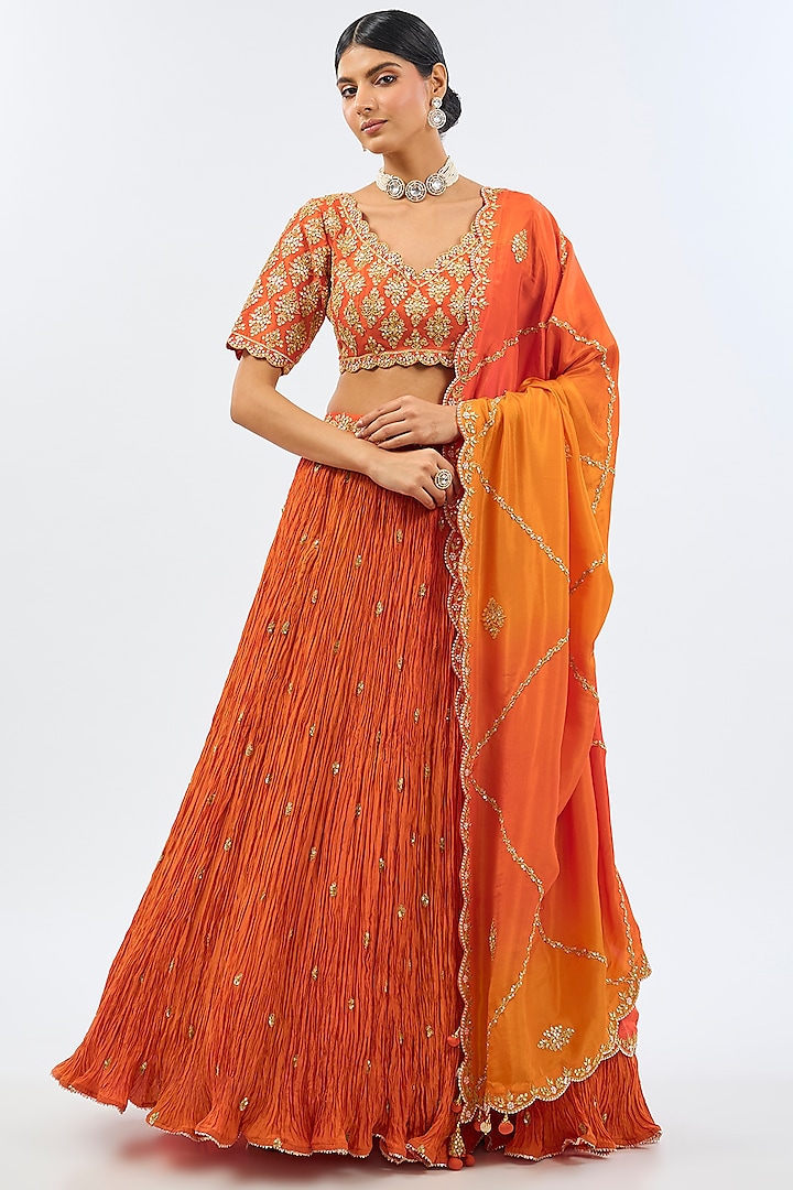 Orange Pure Silk Wedding Lehenga Set by SURBHI SHAH at Pernia's Pop Up Shop