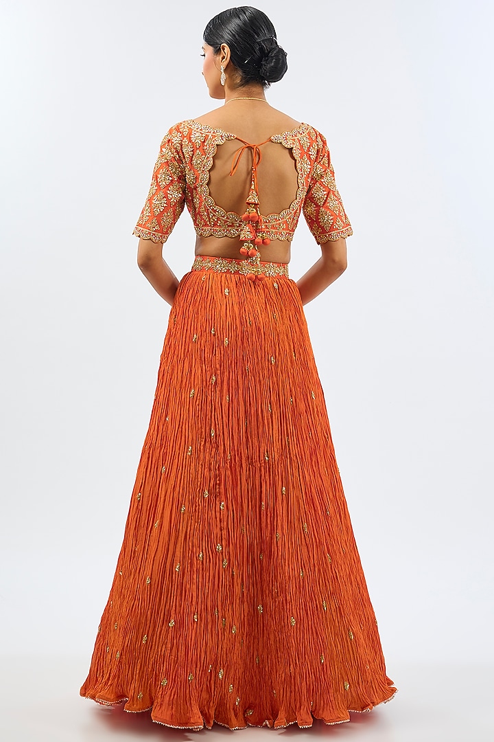 Orange Pure Silk Wedding Lehenga Set by SURBHI SHAH at Pernia's Pop Up Shop