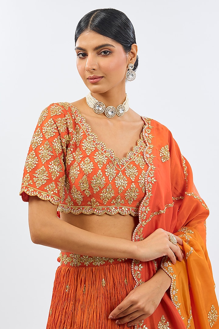 Orange Pure Silk Wedding Lehenga Set by SURBHI SHAH at Pernia's Pop Up Shop