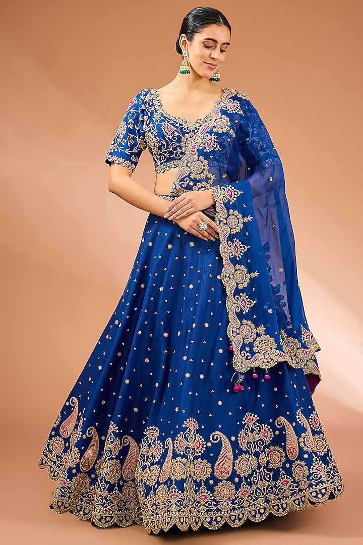 Blue Pink Dupion Silk Applique Marori Gota Work Lehenga Set by SURBHI SHAH at Pernia's Pop Up Shop