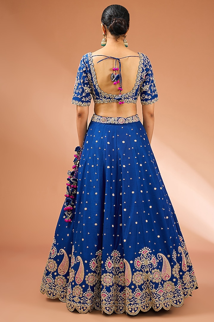 Blue Pink Dupion Silk Applique Marori Gota Work Lehenga Set by SURBHI SHAH at Pernia's Pop Up Shop