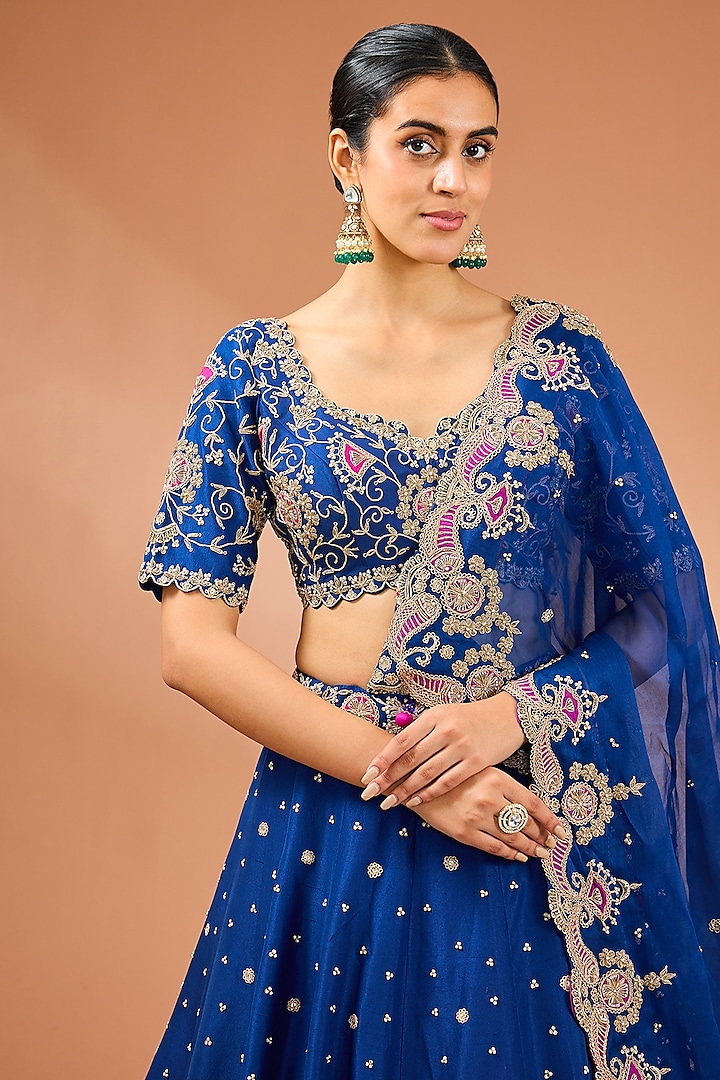 Blue Pink Dupion Silk Applique Marori Gota Work Lehenga Set by SURBHI SHAH at Pernia's Pop Up Shop