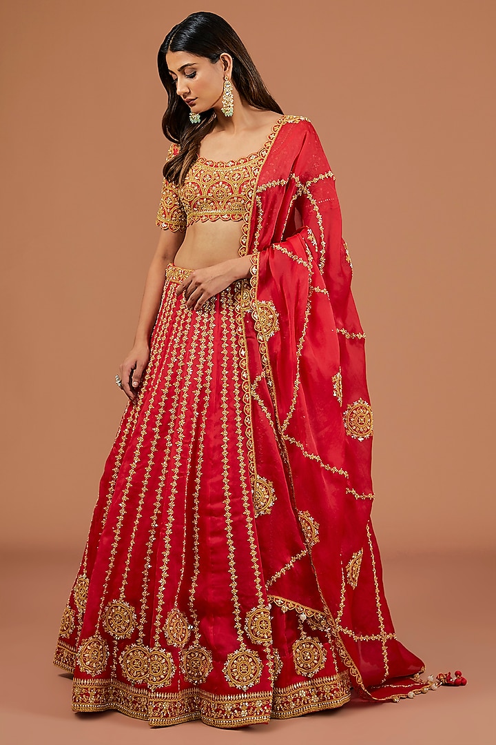 Red Satin Organza Pearl Embroidered Bridal Lehenga Set by SURBHI SHAH at Pernia's Pop Up Shop