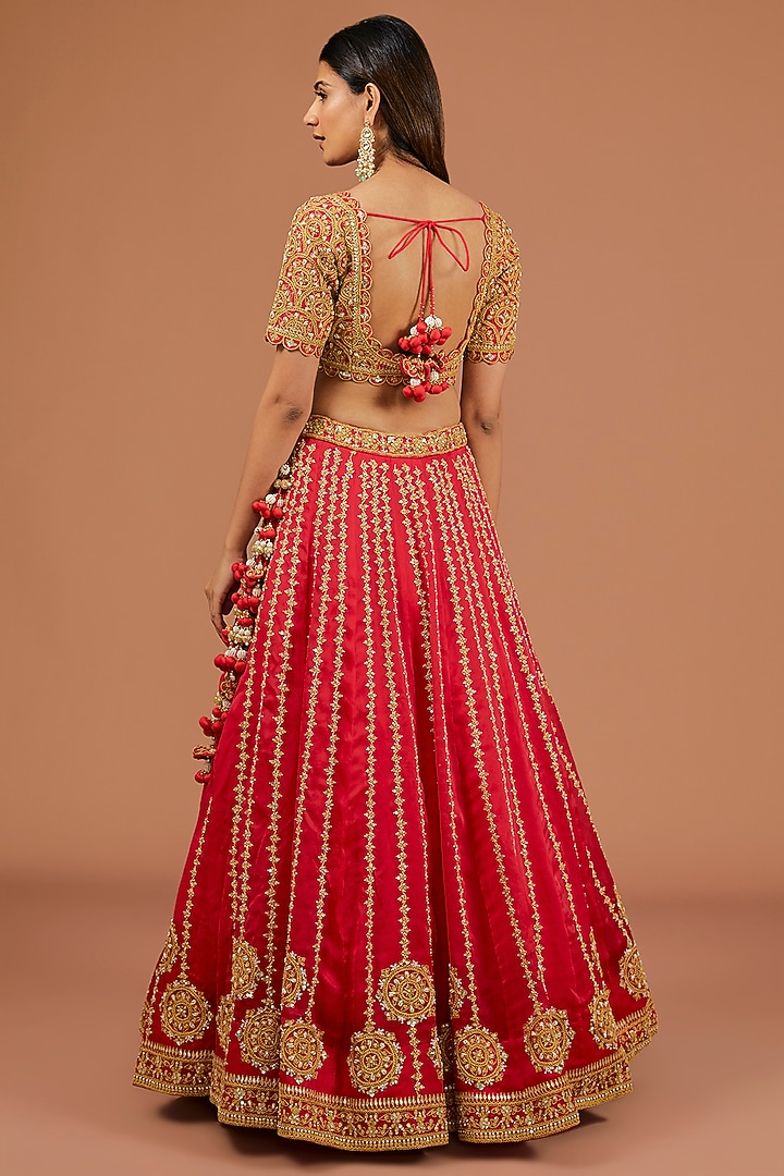 Red Satin Organza Pearl Embroidered Bridal Lehenga Set by SURBHI SHAH at Pernia's Pop Up Shop