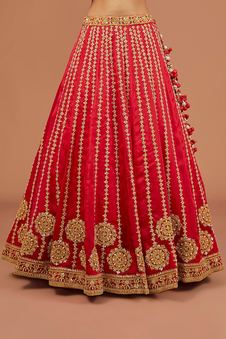 Red Satin Organza Pearl Embroidered Bridal Lehenga Set by SURBHI SHAH at Pernia's Pop Up Shop