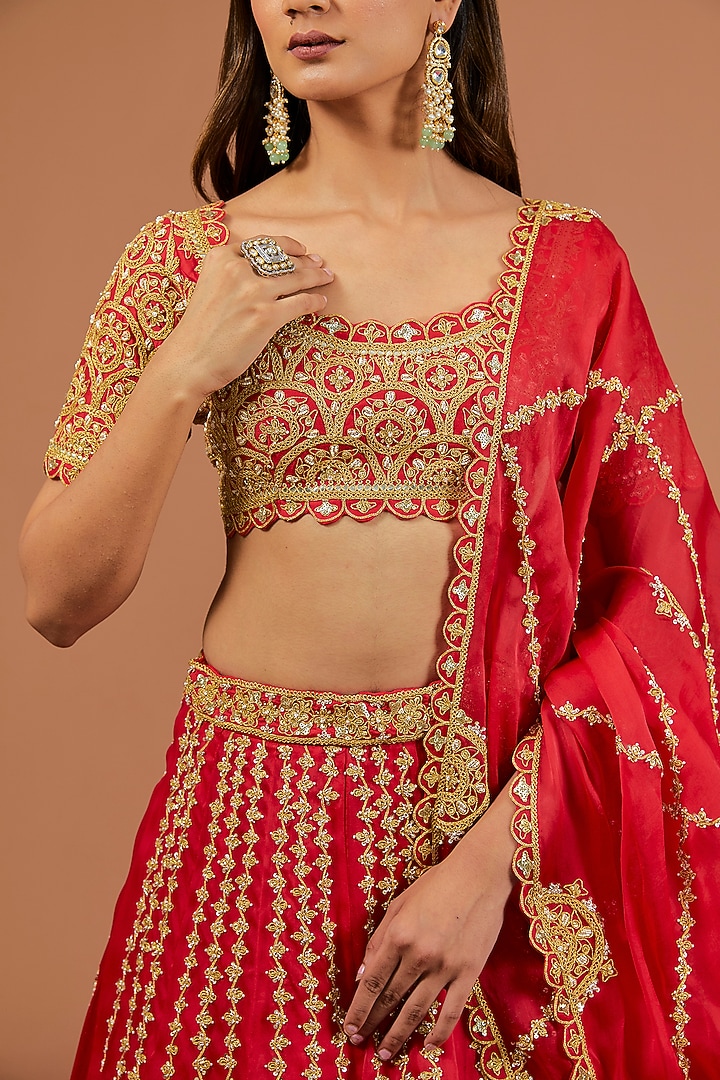 Red Satin Organza Pearl Embroidered Bridal Lehenga Set by SURBHI SHAH at Pernia's Pop Up Shop