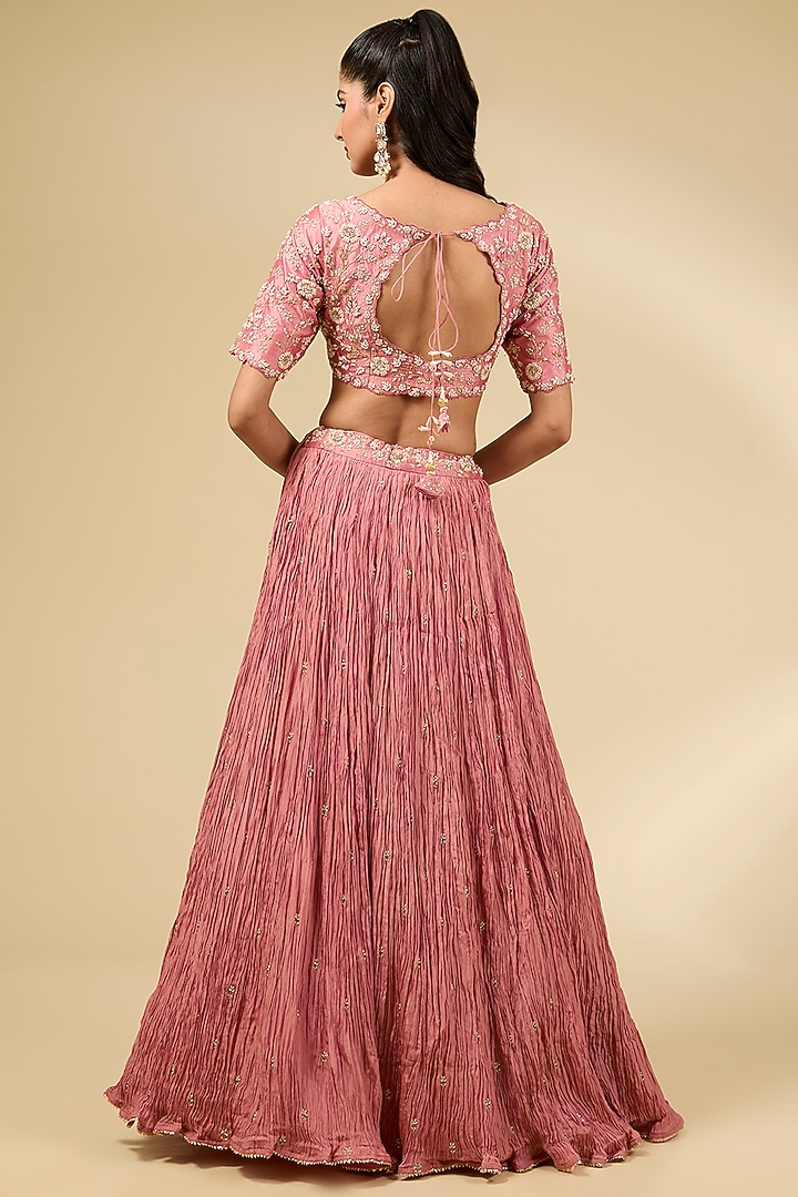 Rose Gold Kora Silk Crushed Wedding Lehenga Set by SURBHI SHAH at Pernia's Pop Up Shop