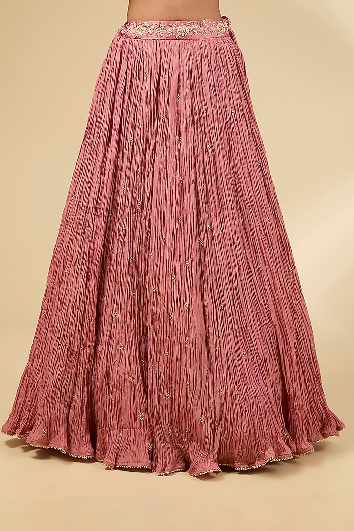 Rose Gold Kora Silk Crushed Wedding Lehenga Set by SURBHI SHAH at Pernia's Pop Up Shop