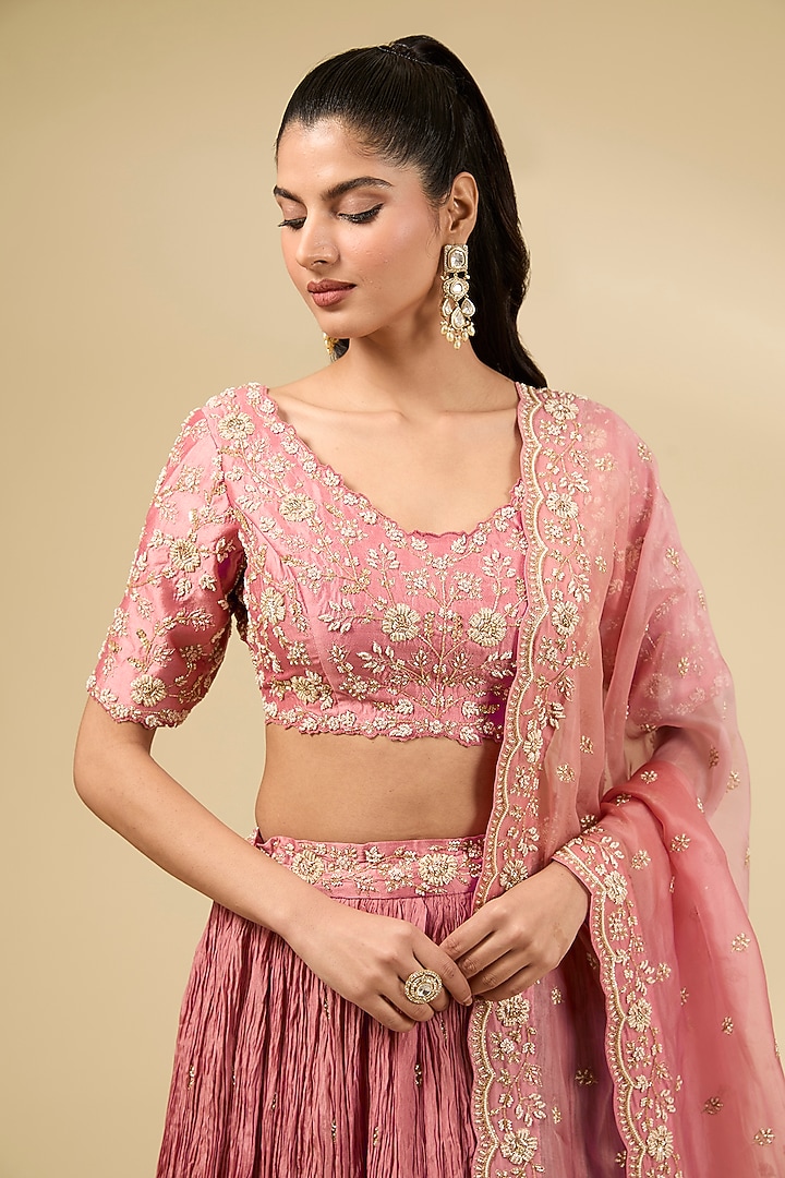 Rose Gold Kora Silk Crushed Wedding Lehenga Set by SURBHI SHAH at Pernia's Pop Up Shop