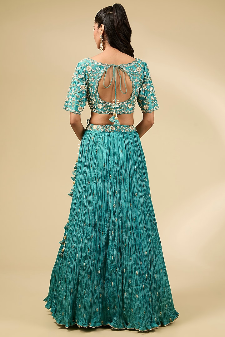 Sea Blue Kora Silk Crushed Wedding Lehenga Set by SURBHI SHAH at Pernia's Pop Up Shop