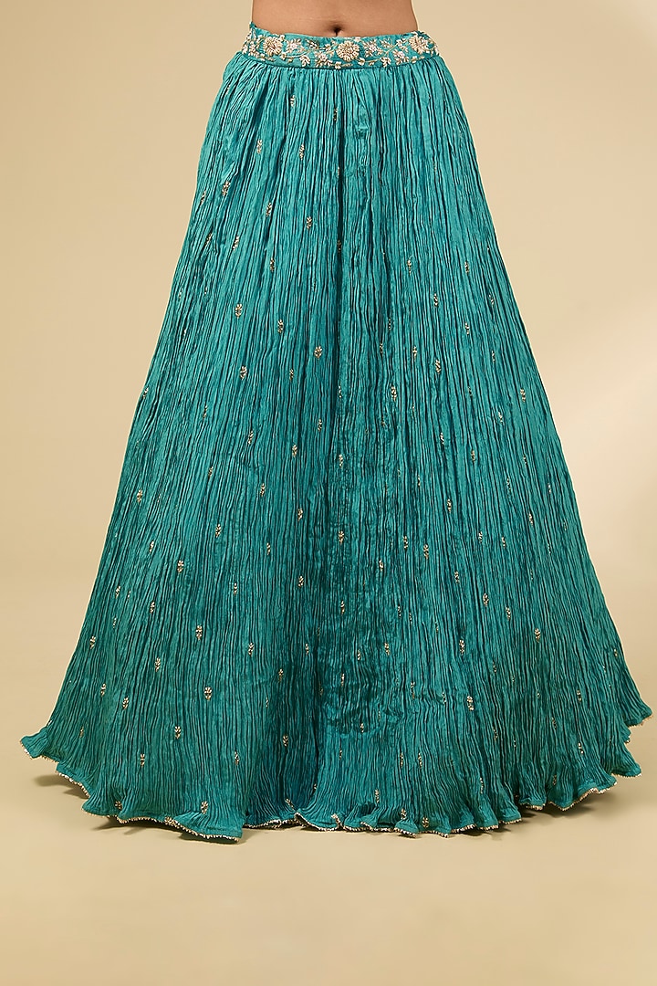 Sea Blue Kora Silk Crushed Wedding Lehenga Set by SURBHI SHAH at Pernia's Pop Up Shop
