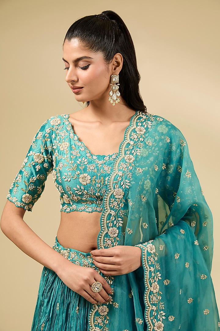 Sea Blue Kora Silk Crushed Wedding Lehenga Set by SURBHI SHAH at Pernia's Pop Up Shop