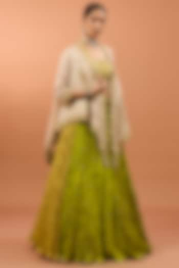 Green Silk Jacket Lehenga Set by SURBHI SHAH