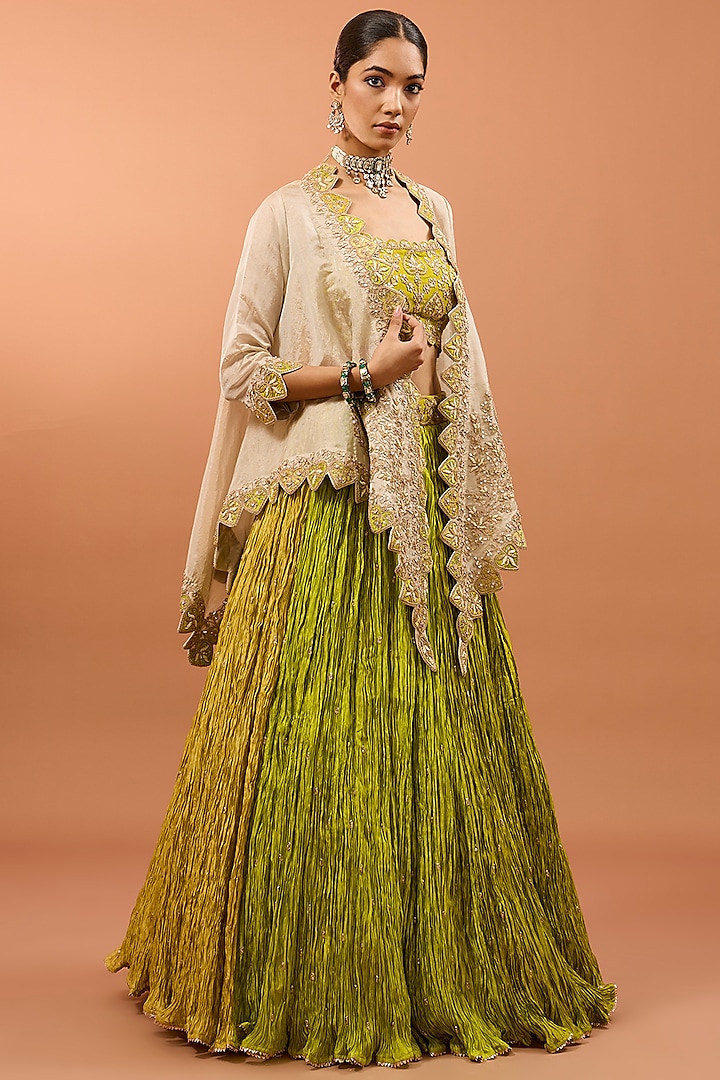 Green Silk Jacket Lehenga Set by SURBHI SHAH