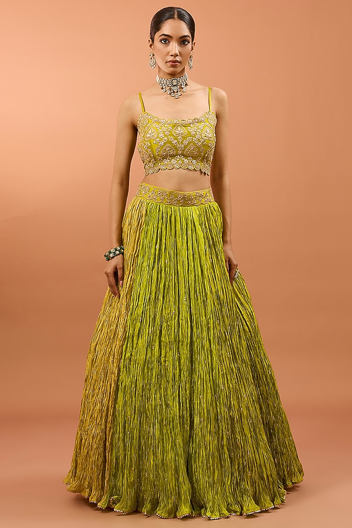 Green Silk Jacket Wedding Lehenga Set by SURBHI SHAH at Pernia's Pop Up Shop