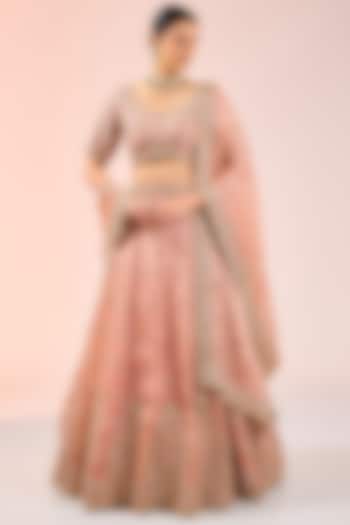 Pink Satin Organza Zardosi Embroidered Bridal Lehenga Set by SURBHI SHAH at Pernia's Pop Up Shop