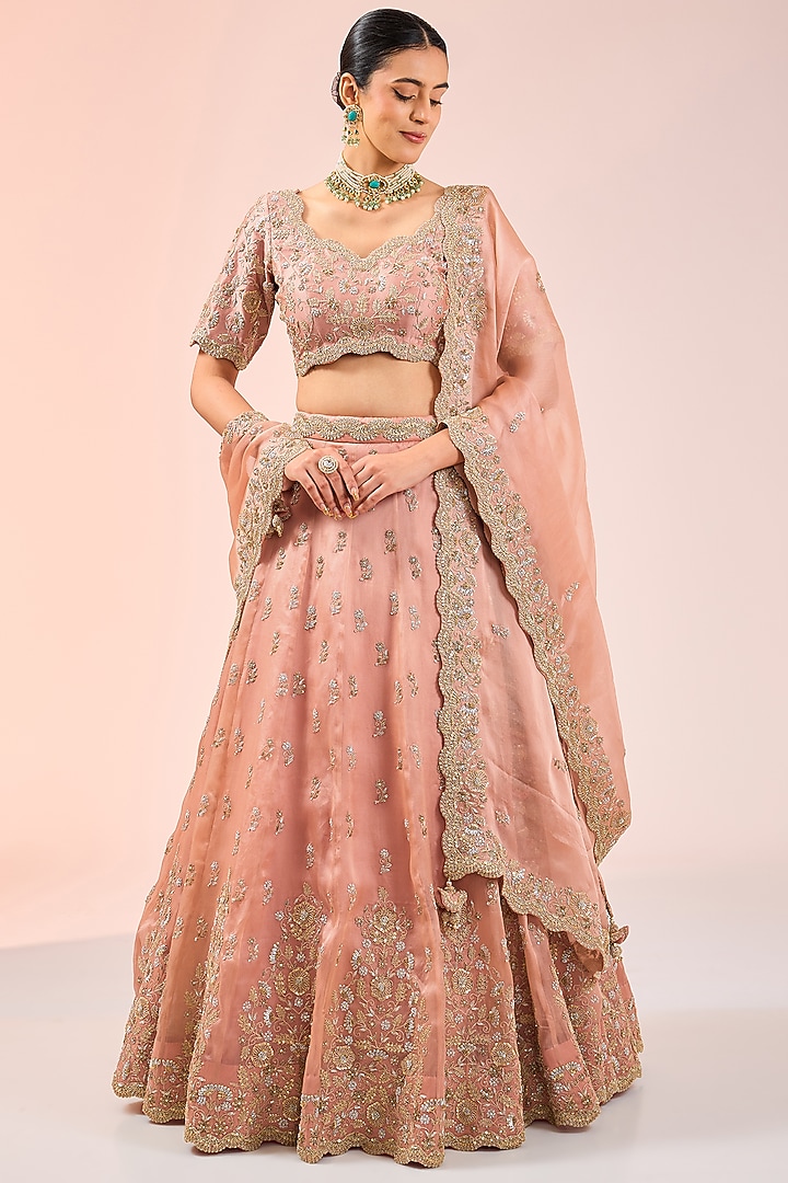 Pink Satin Organza Zardosi Embroidered Bridal Lehenga Set by SURBHI SHAH at Pernia's Pop Up Shop