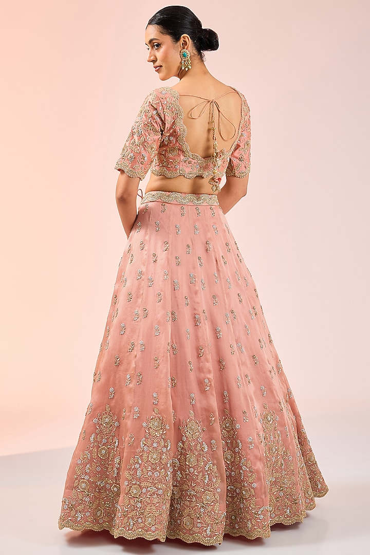 Pink Satin Organza Zardosi Embroidered Bridal Lehenga Set by SURBHI SHAH at Pernia's Pop Up Shop
