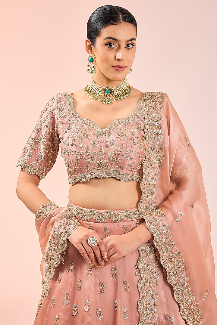 Pink Satin Organza Zardosi Embroidered Bridal Lehenga Set by SURBHI SHAH at Pernia's Pop Up Shop