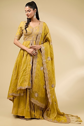 Yellow Pure Tissue High-Low Kurta Set by SURBHI SHAH