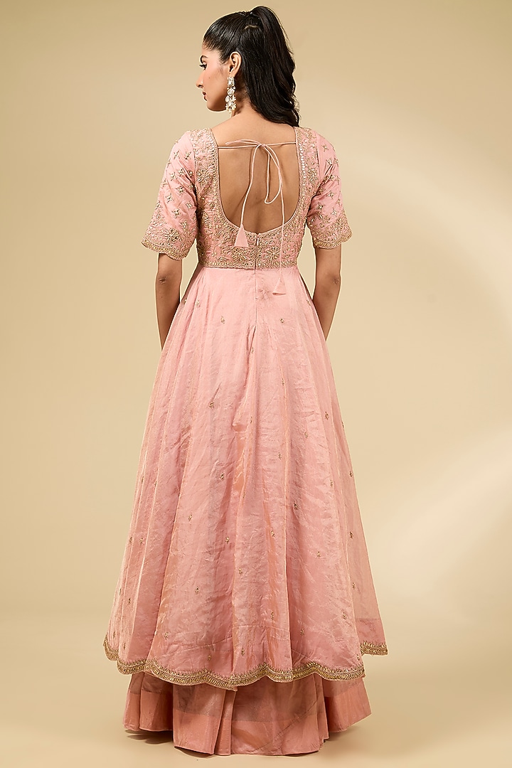 Powder Pink Pure Tissue High-Low Kurta Set by SURBHI SHAH at Pernia's Pop Up Shop