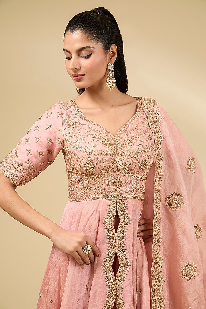 Powder Pink Pure Tissue High-Low Kurta Set by SURBHI SHAH at Pernia's Pop Up Shop