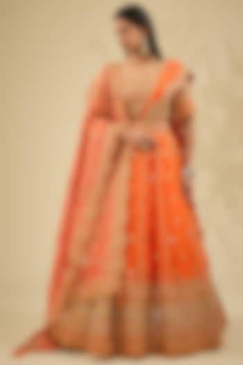 Orange Satin Organza Bridal Lehenga Set by Surbhi Shah at Pernia's Pop Up Shop