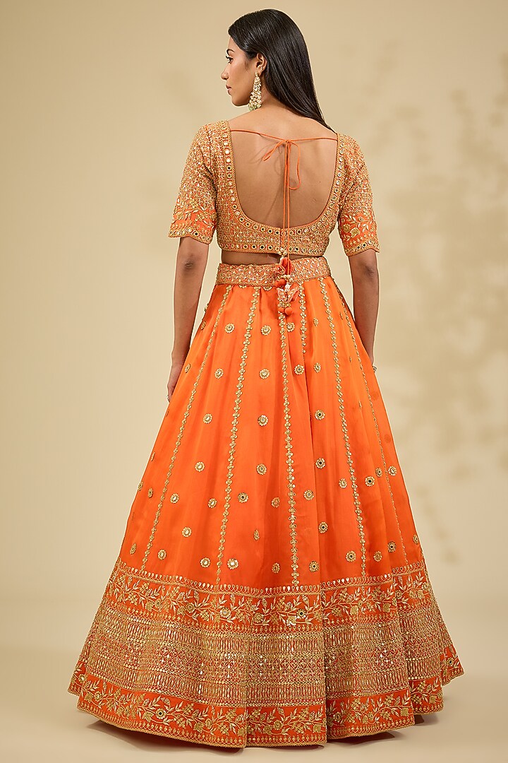 Orange Satin Organza Bridal Lehenga Set by Surbhi Shah at Pernia's Pop Up Shop