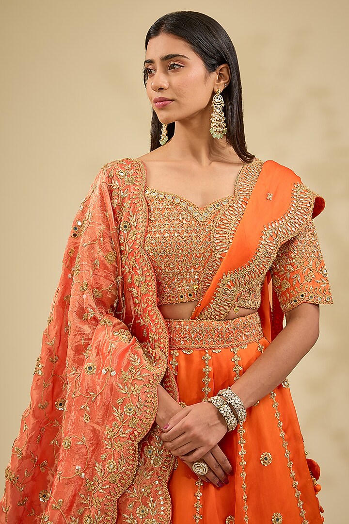 Orange Satin Organza Bridal Lehenga Set by Surbhi Shah at Pernia's Pop Up Shop
