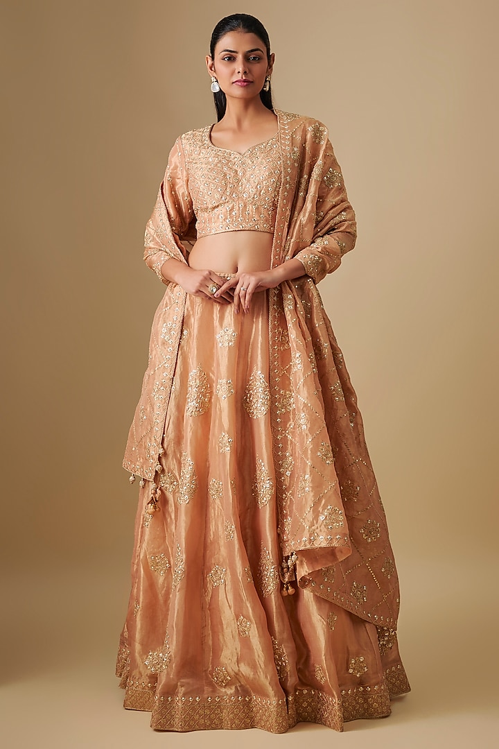 Deep Gold Tissue Marori Embroidered Bridal Lehenga Set by SURBHI SHAH at Pernia's Pop Up Shop