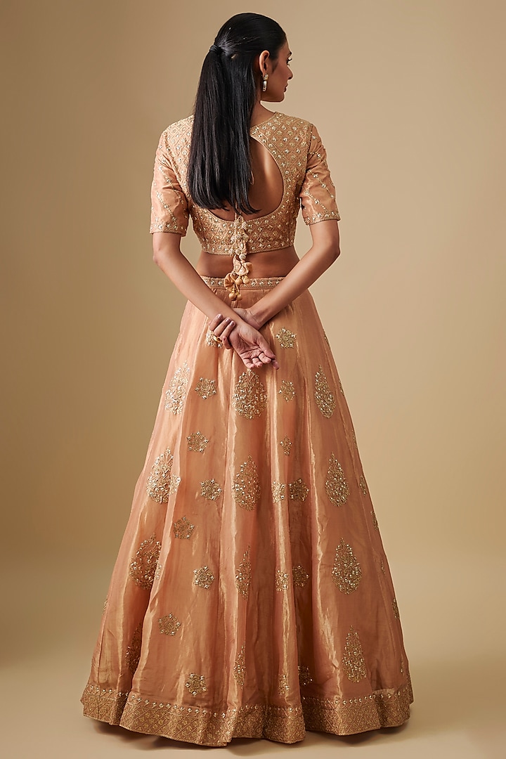 Deep Gold Tissue Marori Embroidered Bridal Lehenga Set by SURBHI SHAH at Pernia's Pop Up Shop