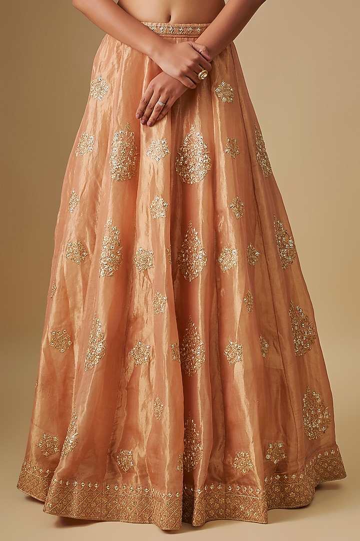 Deep Gold Tissue Marori Embroidered Bridal Lehenga Set by SURBHI SHAH at Pernia's Pop Up Shop
