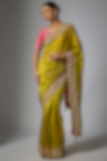 Lime Kora Silk Marori & Patch Work Reception Saree Set by SURBHI SHAH at Pernia's Pop Up Shop