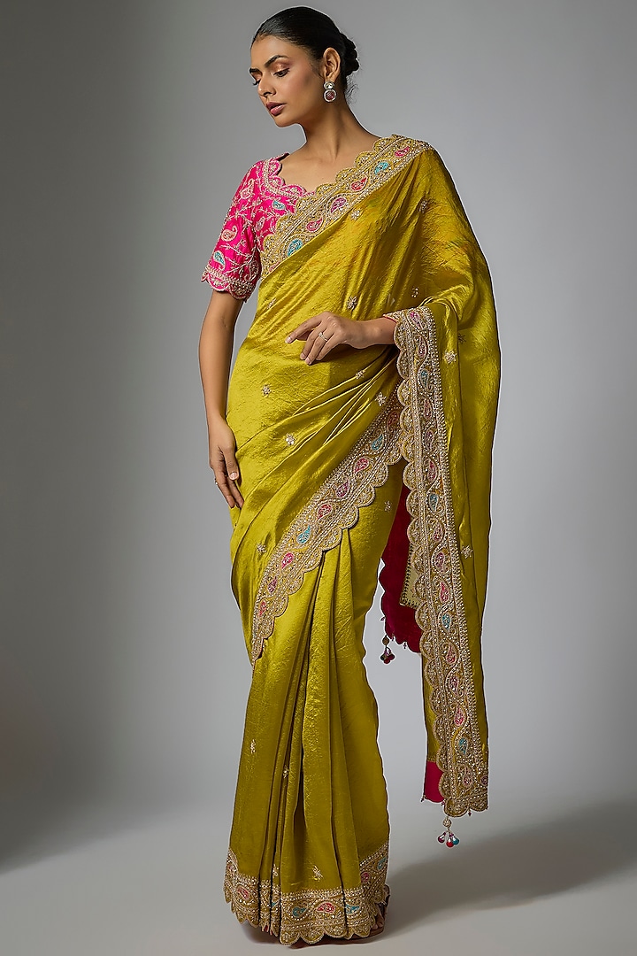 Lime Kora Silk Marori & Patch Work Reception Saree Set by SURBHI SHAH at Pernia's Pop Up Shop