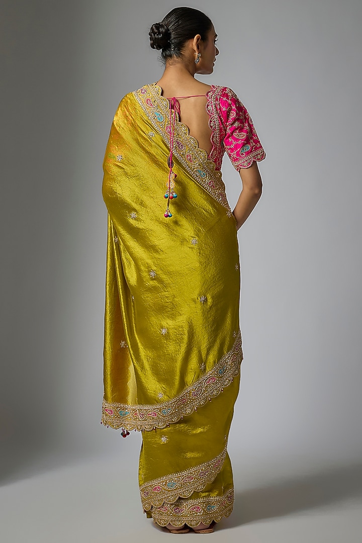 Lime Kora Silk Marori & Patch Work Reception Saree Set by SURBHI SHAH at Pernia's Pop Up Shop