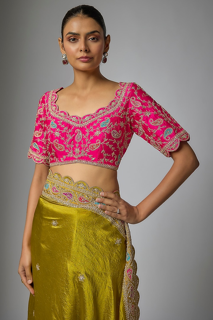 Lime Kora Silk Marori & Patch Work Reception Saree Set by SURBHI SHAH at Pernia's Pop Up Shop