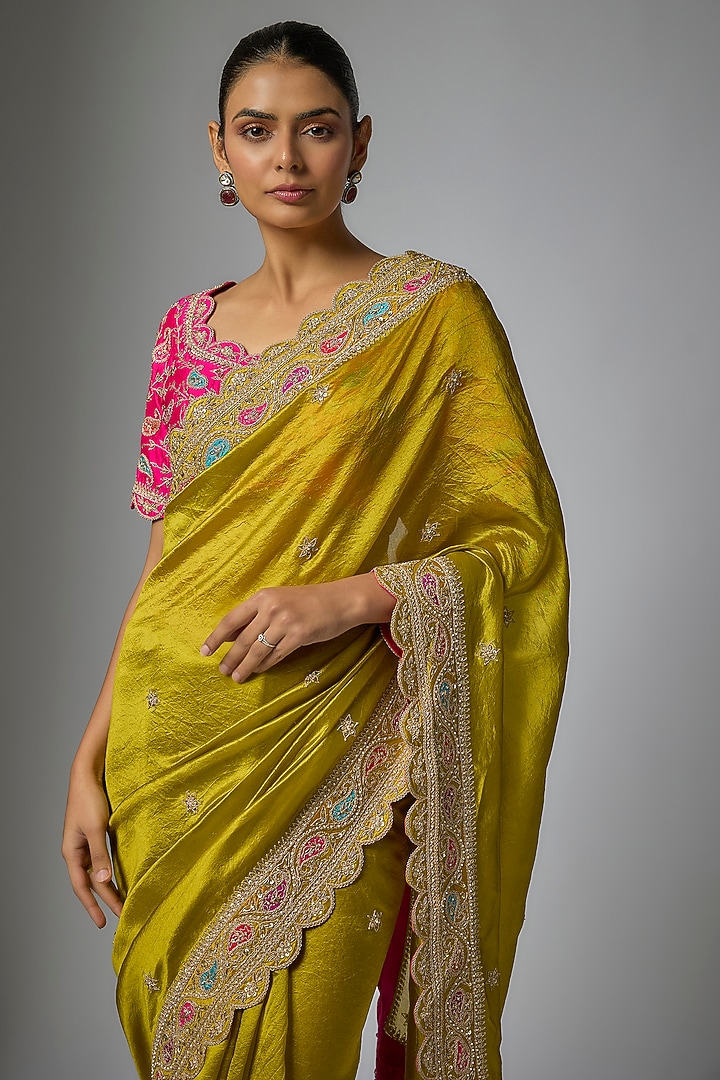 Lime Kora Silk Marori & Patch Work Reception Saree Set by SURBHI SHAH at Pernia's Pop Up Shop