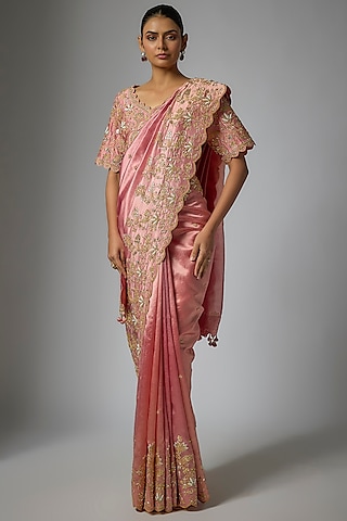 Rose Gold Kora Silk Marori & Pearl Work Saree Set by SURBHI SHAH