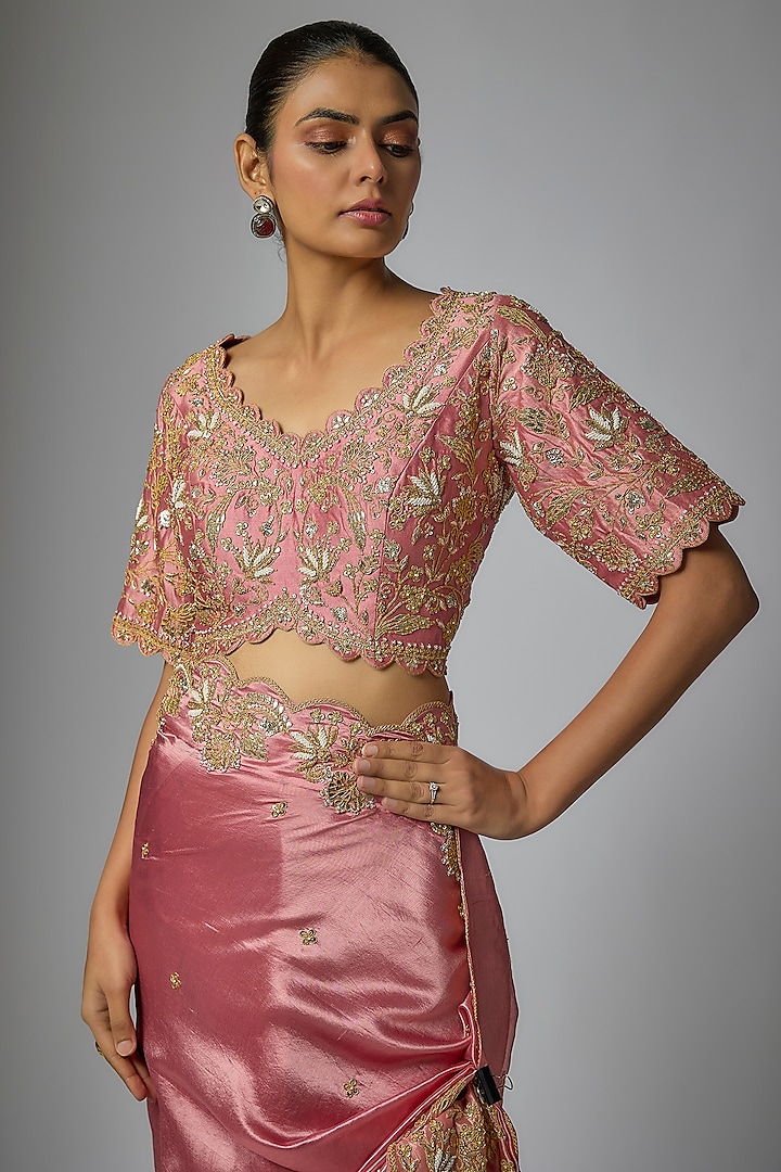 Rose Gold Kora Silk Marori & Pearl Work Wedding Saree Set by SURBHI SHAH at Pernia's Pop Up Shop