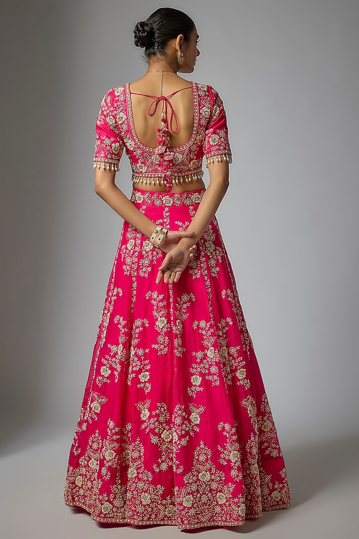 Red Organza Pearl Work Bridal Lehenga Set by SURBHI SHAH at Pernia's Pop Up Shop