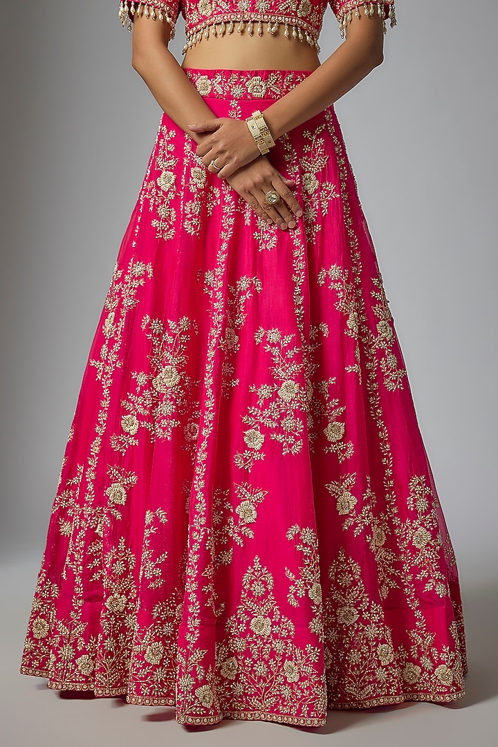 Red Organza Pearl Work Bridal Lehenga Set by SURBHI SHAH at Pernia's Pop Up Shop