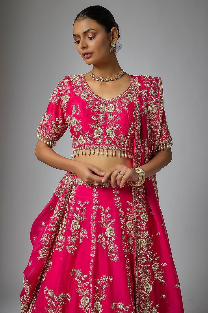 Red Organza Pearl Work Bridal Lehenga Set by SURBHI SHAH at Pernia's Pop Up Shop