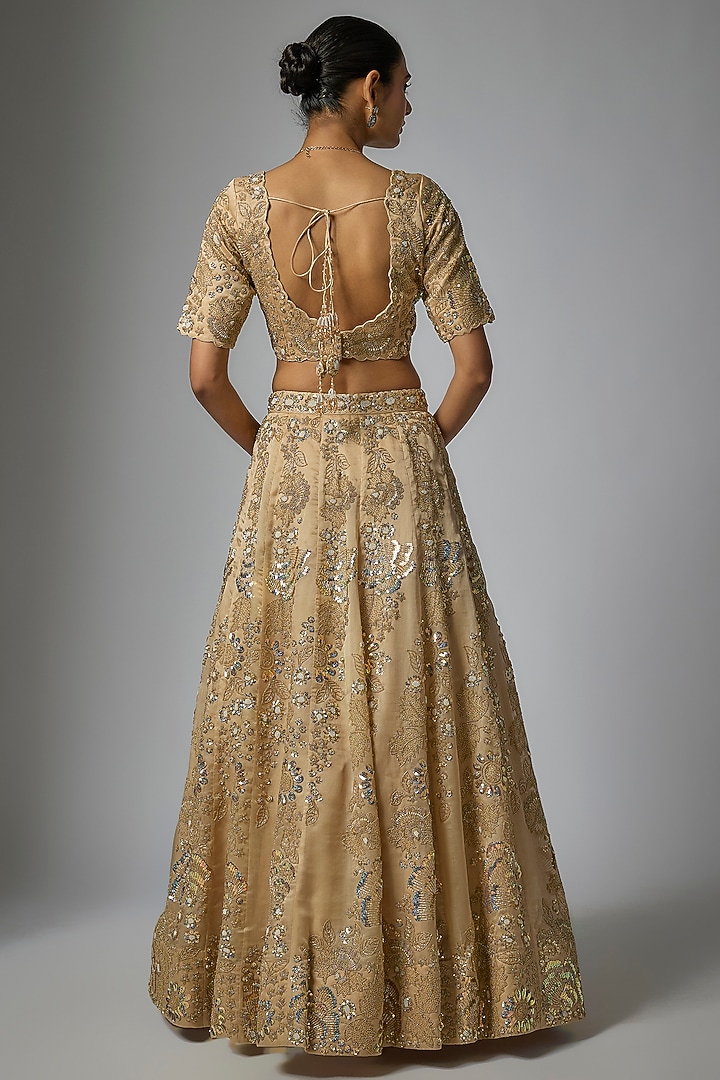 Beige Organza Sequin & Cutdana Work Bridal Lehenga Set by SURBHI SHAH at Pernia's Pop Up Shop