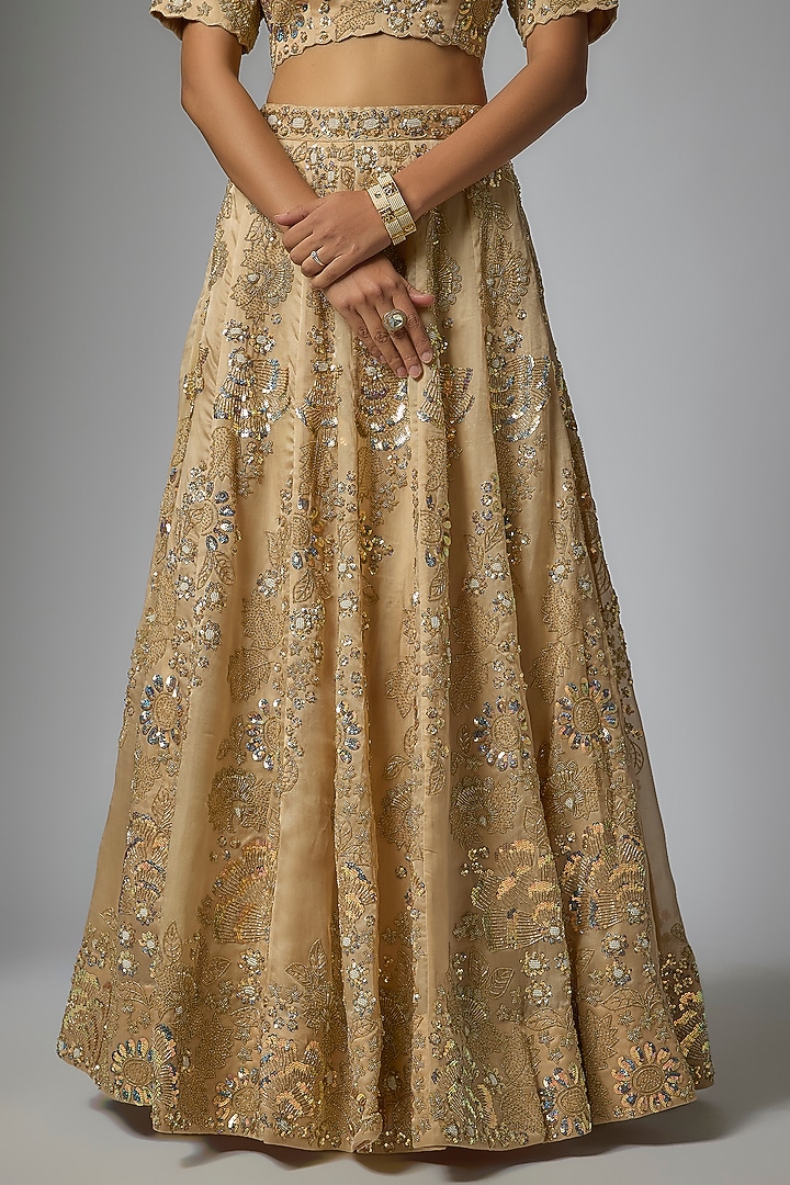 Beige Organza Sequin & Cutdana Work Bridal Lehenga Set by SURBHI SHAH at Pernia's Pop Up Shop