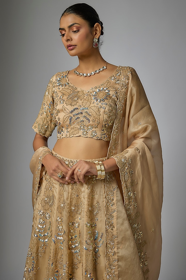 Beige Organza Sequin & Cutdana Work Bridal Lehenga Set by SURBHI SHAH at Pernia's Pop Up Shop