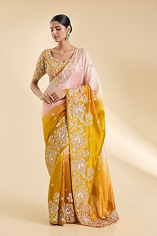 Mustard Kora Silk Moti Embroidered Saree Set by SURBHI SHAH